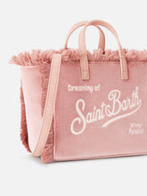 Carica l'immagine nel visualizzatore di Gallery, BORSA MINI VANITY ROSA IN VELLUTO CON RICAMO LOGO
