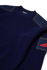 Pullover in misto lana con inserti in denim