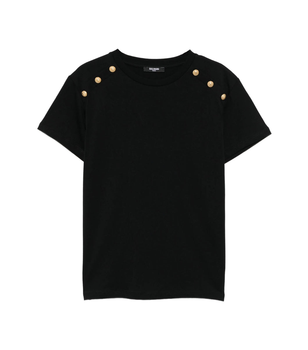 T-shirt nera con bottoni oro