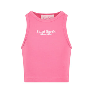 CANOTTA CROP DA BAMBINA IN COTONE LAVORATO A COSTINE FUCSIA