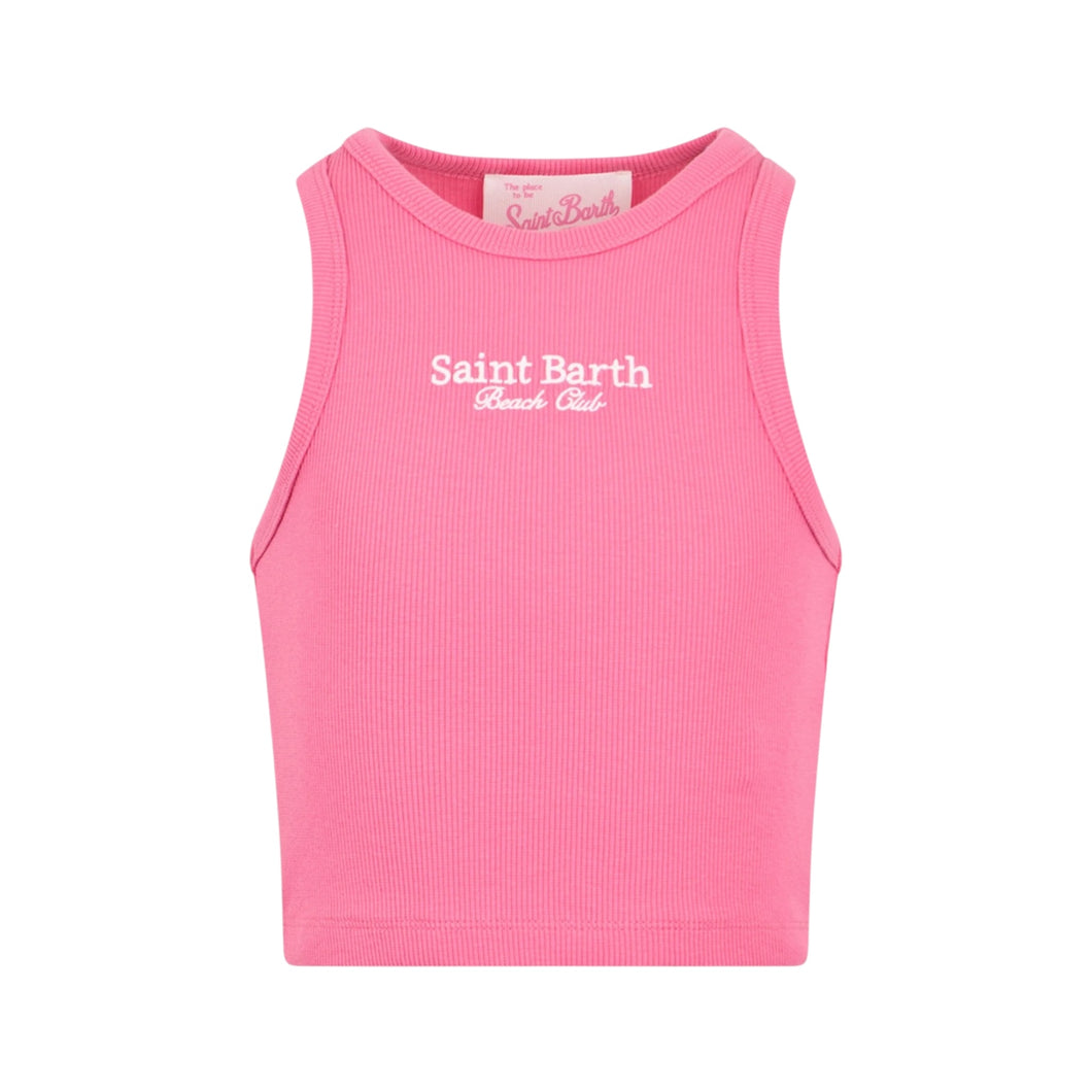 CANOTTA CROP DA BAMBINA IN COTONE LAVORATO A COSTINE FUCSIA