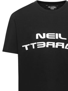 T-shirt nera in cotone per bambino con logo bianco rovesciato stampato sul fronte