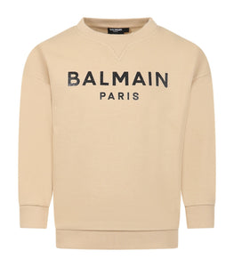 BALMAIN KIDS Felpa beige con logo nero brillantinato