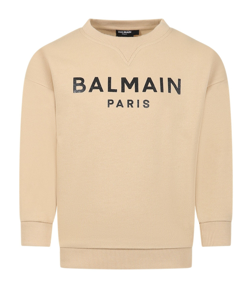 BALMAIN KIDS Felpa beige con logo nero brillantinato