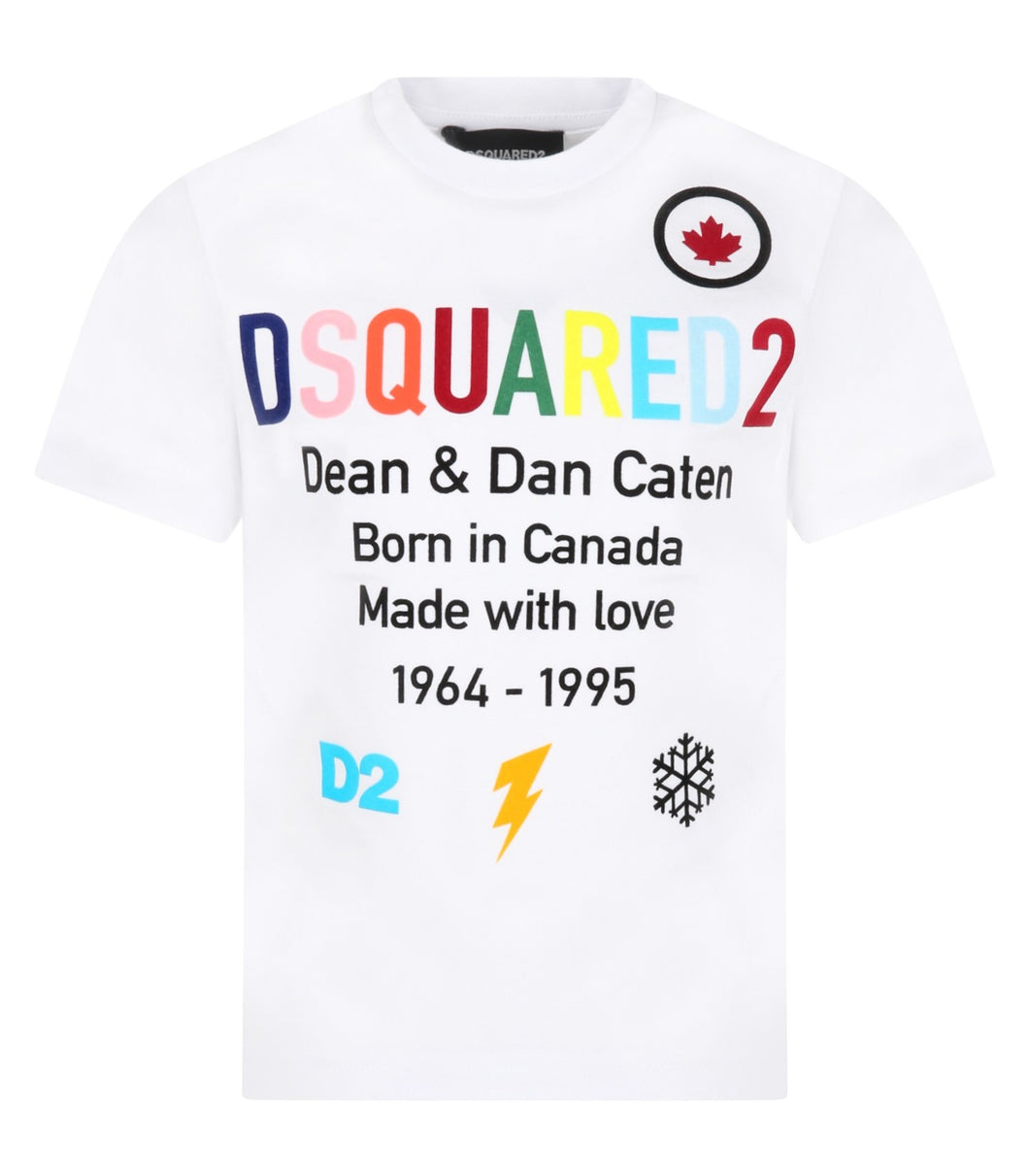 DSQUARED2 T-shirt bianca per bambino con logo multicolor