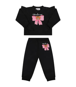 MOSCHINO KIDS Completo nero per neonata con fiocco rosa e Teddy Bear